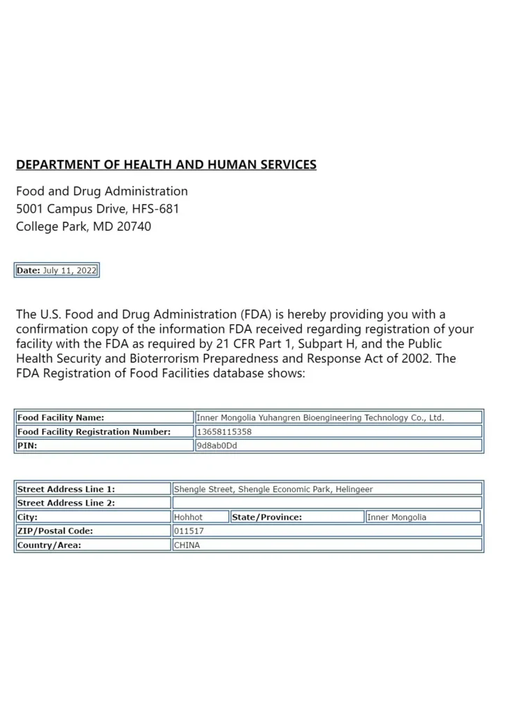 certificate for FDA